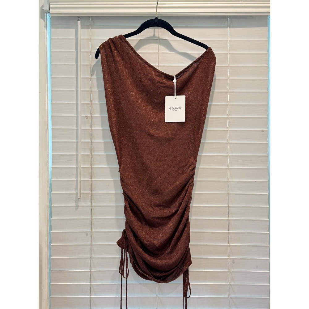 NEW Runaway The Label Kelsa One Shoulder Mini Dress Womens S Chocolate Metallic - Picture 5 of 11